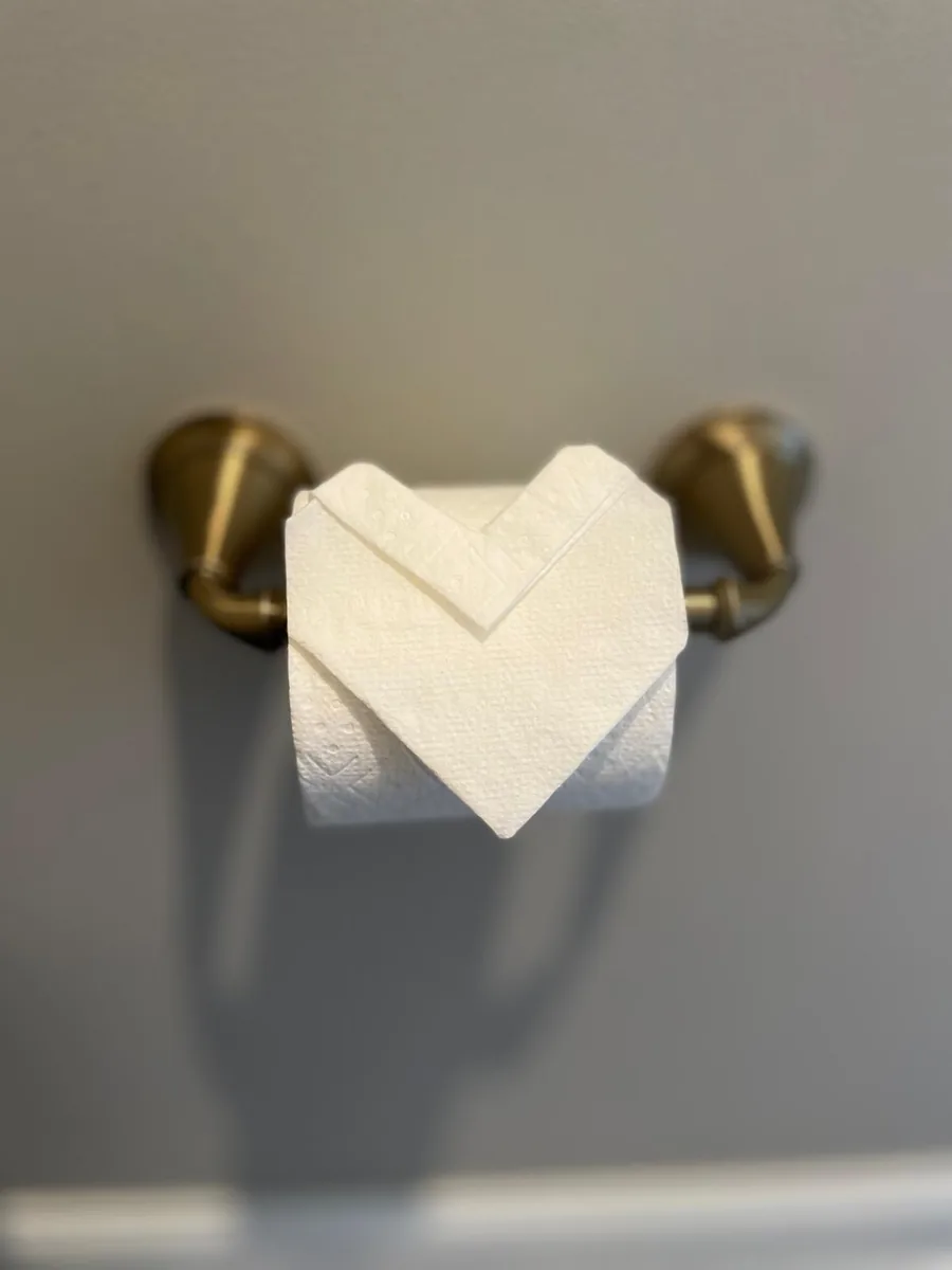 Toilet paper folded into a heart, a finishing touch left by Dolane Cleaning Services